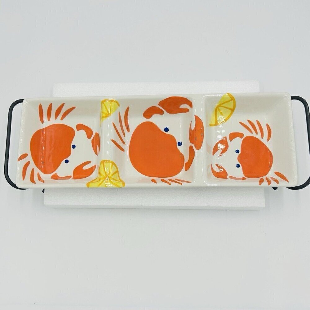 TAG Three Section Serving Dish Orange Crabs Lemons 18.5" x 7.5" Adorable Stand